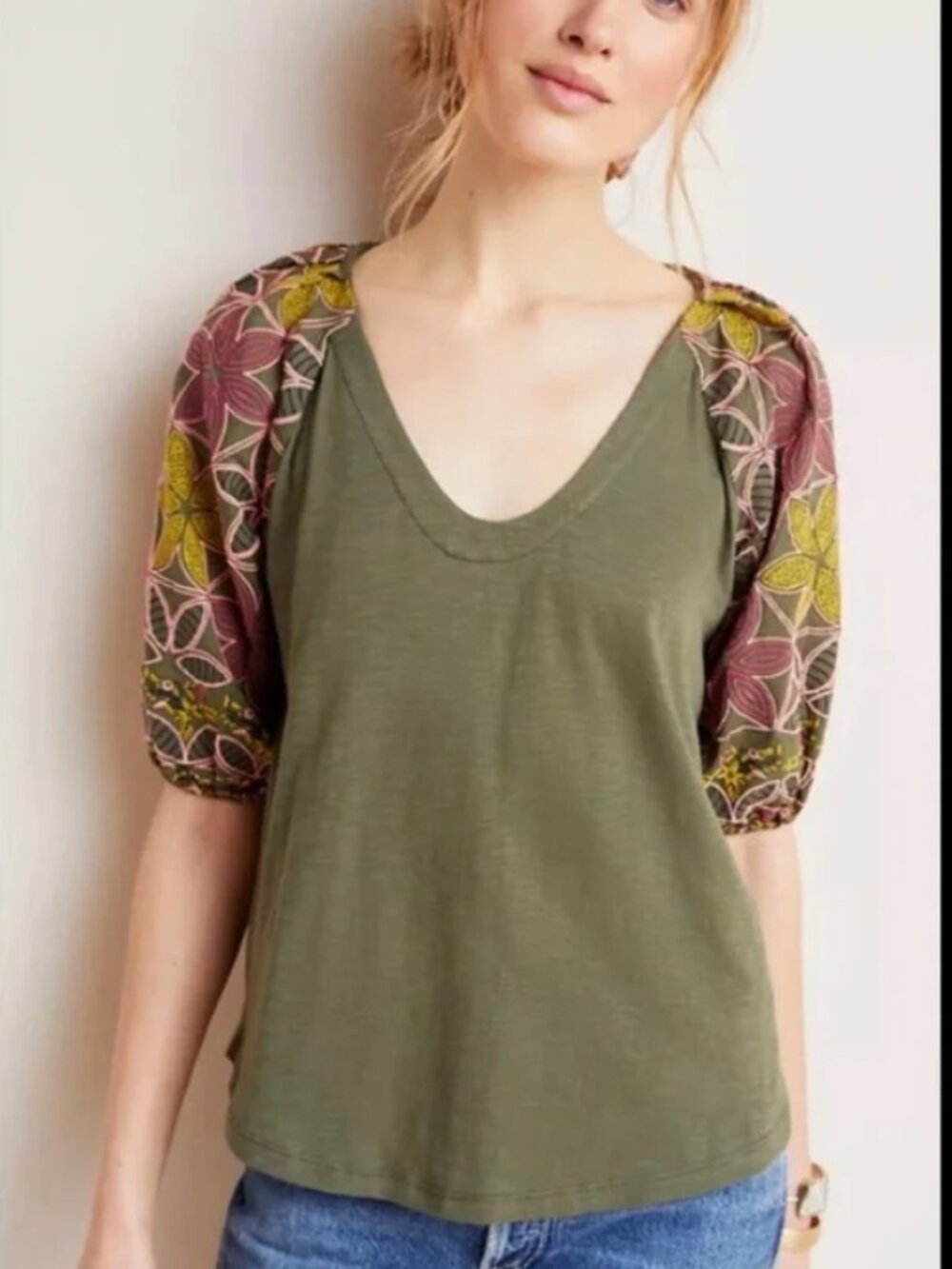 ANTHROPOLOGIE MAEVE BRIDEY EMBROIDERED PUFF SLEEVE TOP